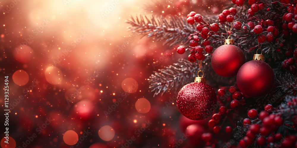 Christmas tree branch decorated with red baubles and berries glowing in warm light Christmas tree branch decorated with red baubles and berries glowing in warm light