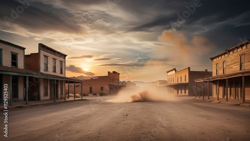 An abandoned old western town at dawn, with a dramatic sky and dust whirling through the deserted streets