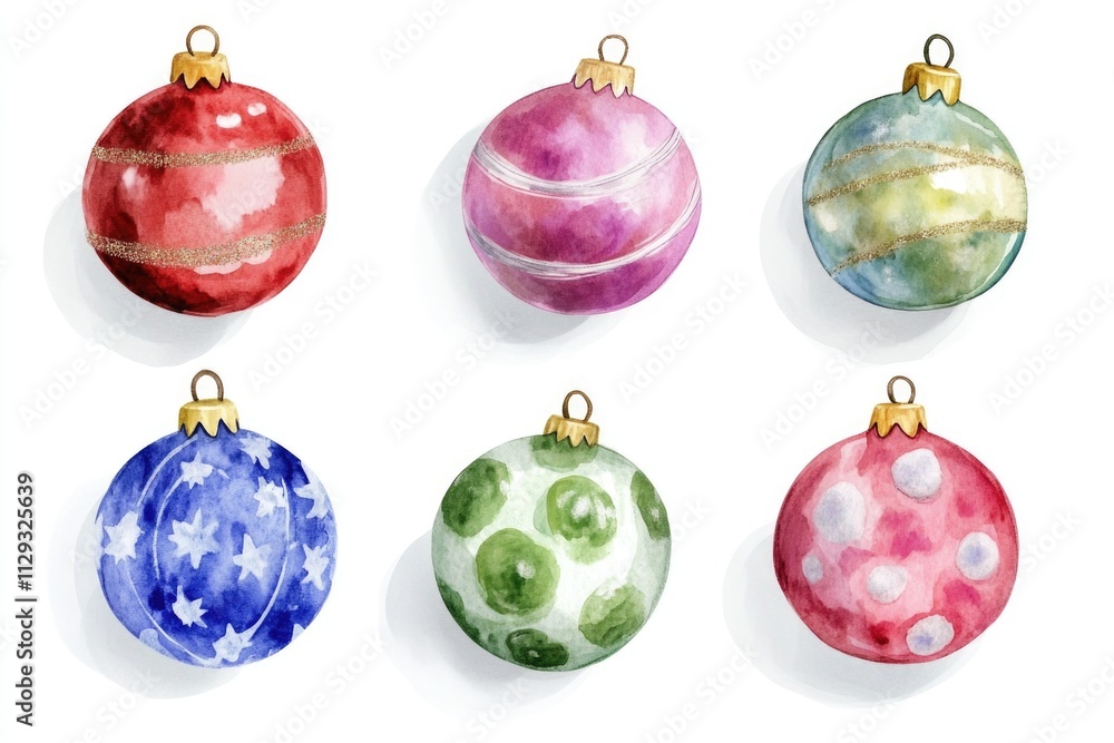 Six Christmas ornaments arranged on a white surface Six Christmas ornaments arranged on a white surface