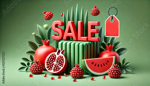 a red SALE sign discount for yalda sale, christmas sale, new year sale, winter sale, pomegranates watermelons, green background photo