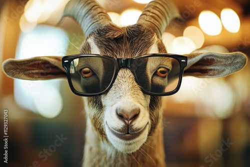 A goat with glasses perched on its face, a unique and quirky animal photo