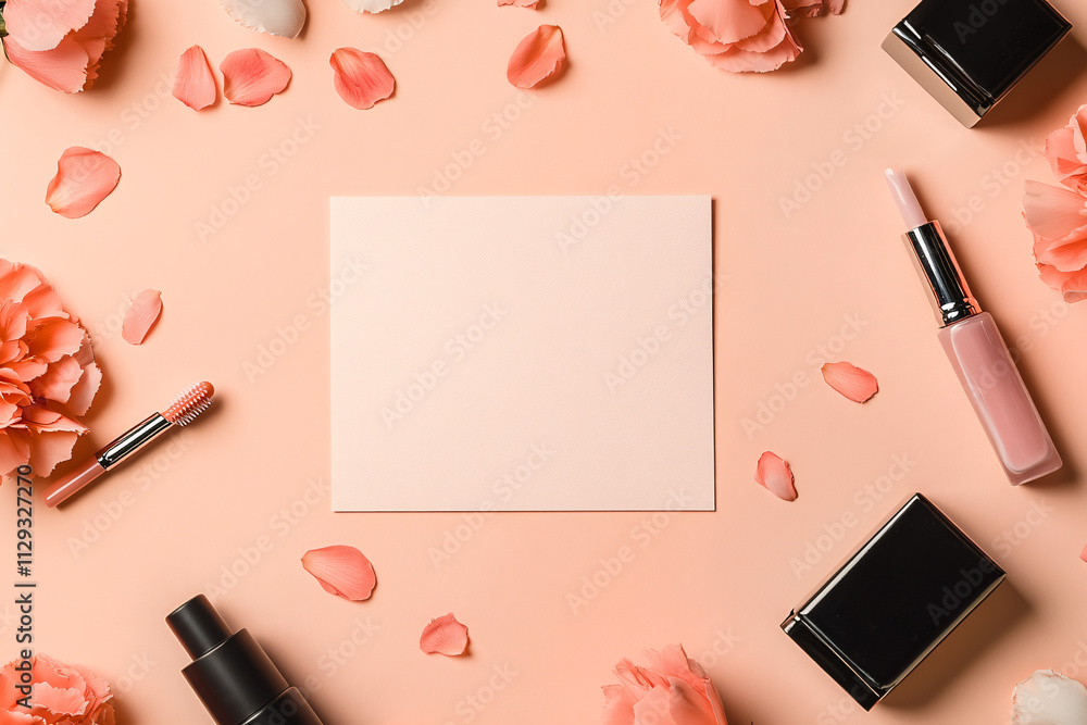 A blank card laid flat on a pastel peach background surrounded by makeup products and flower petals creates an elegant, serene composition A blank card laid flat on a pastel peach background surrounded by makeup products and flower petals creates an elegant, serene composition