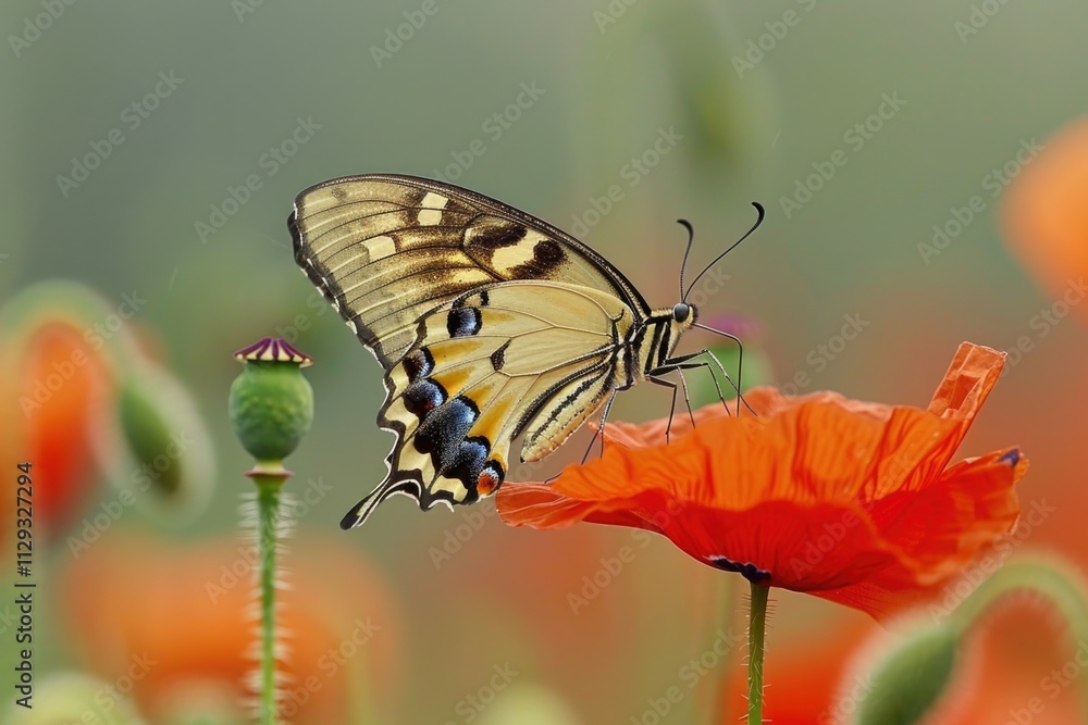 Fototapeta premium A butterfly sits on a bright red flower