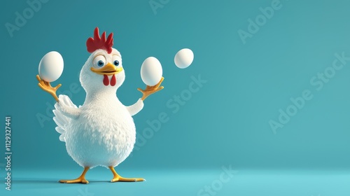 A cheerful cartoon chicken juggling eggs against a bright blue background, showcasing a playful and whimsical scene.