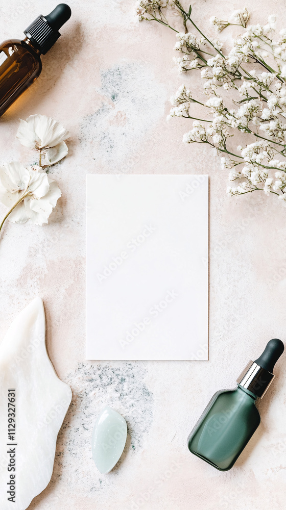 A blank invitation card is displayed on a textured surface surrounded by essential oil bottles and delicate flowers creating a serene atmosphere A blank invitation card is displayed on a textured surface surrounded by essential oil bottles and delicate flowers creating a serene atmosphere