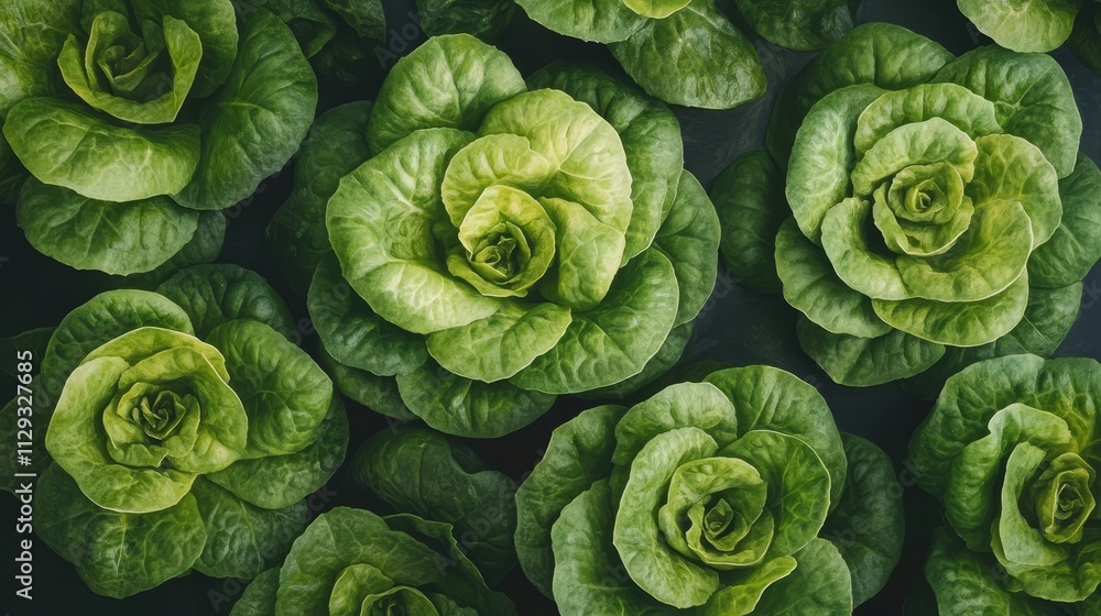 Fototapeta premium Fresh, vibrant green lettuce heads arranged beautifully, showcasing their intricate leaf patterns against a dark background.