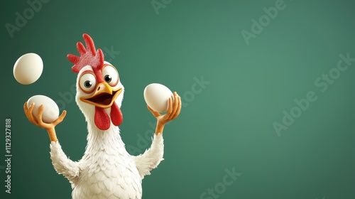 A cheerful cartoon chicken juggles eggs against a green backdrop, exuding fun and playfulness.