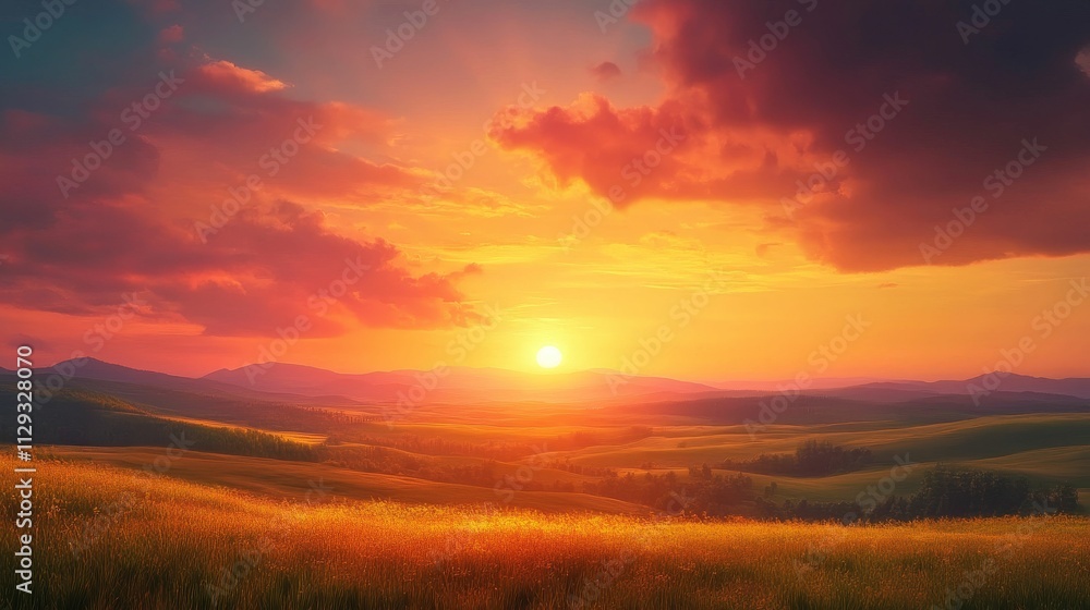 Sunset over rolling hills, golden field. Sunset over rolling hills, golden field.