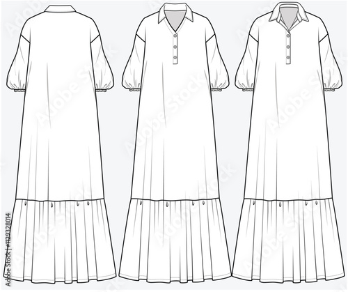 MAXI LENGTH TIERED DRESS WITH DROP SHOULDER AND VOLUME SLEEVES DETAIL DESIGNED FOR YOUNG WOMEN AND WOMEN IN VECTOR FILE