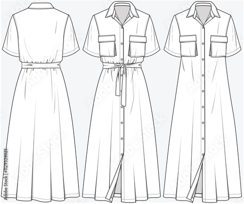 LONG LENGTH SHIRT DRESS WITH UTILITY POCKET DETAIL DESIGNED FOR YOUNG WOMEN AND WOMEN IN VECTOR FILE