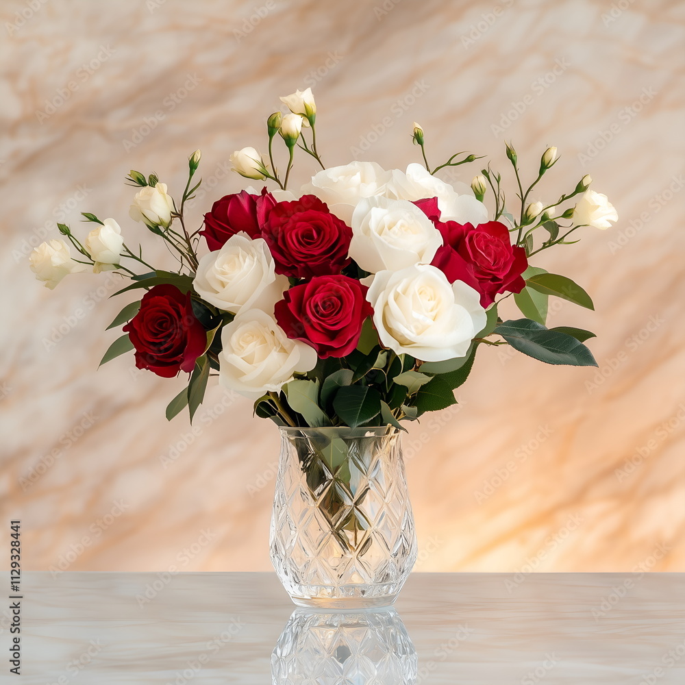 Mixed red and white roses in a crystal vase, displayed on a marble table with subtle reflections, design banner Mixed red and white roses in a crystal vase, displayed on a marble table with subtle reflections, design banner
