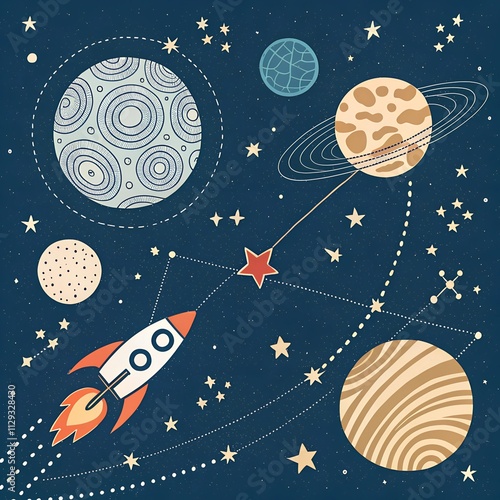 A geometric space-themed illustration with a dark blue background. There are planets, stars, and a rocket ship. The rocket ship has a trail of smoke. The planets have different patterns.  photo