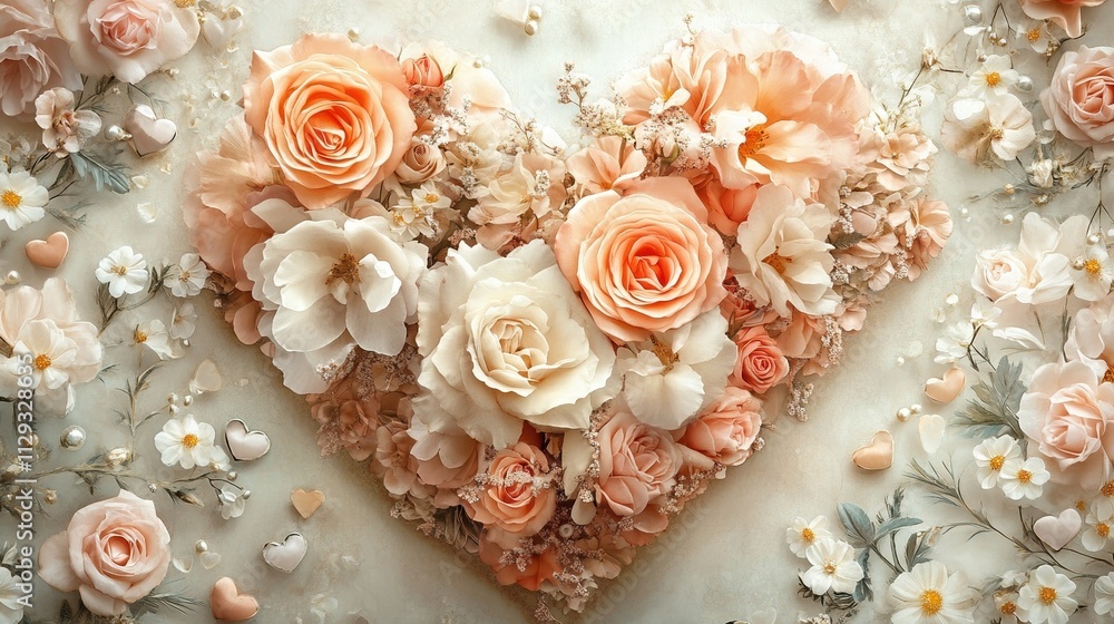 Romantic heart-shaped floral arrangement featuring soft peach and cream roses Romantic heart-shaped floral arrangement featuring soft peach and cream roses