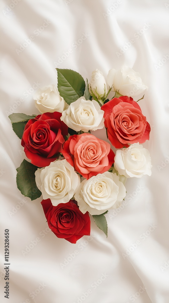 Obraz premium Red and white roses, beautifully arranged in a bouquet with lush green leaves, Valentines day banner