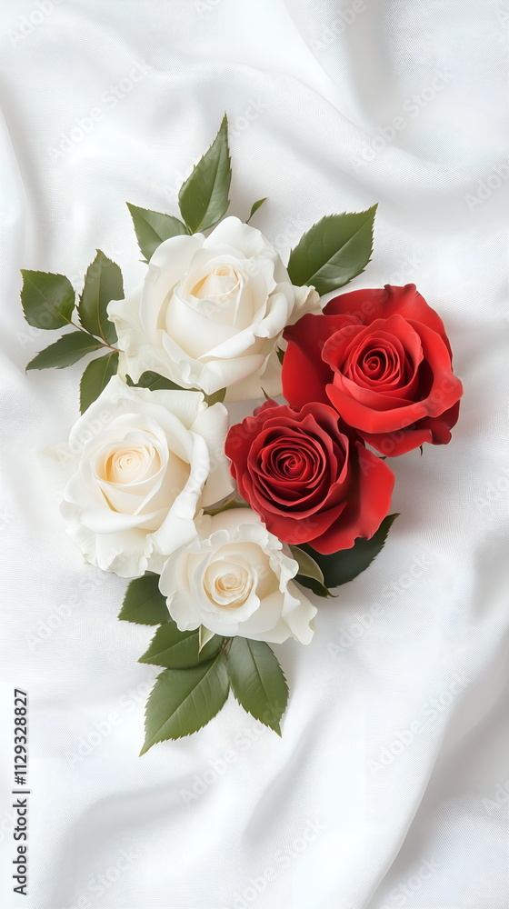 Red and white roses, beautifully arranged in a bouquet with lush green leaves, Valentines day banner Red and white roses, beautifully arranged in a bouquet with lush green leaves, Valentines day banner
