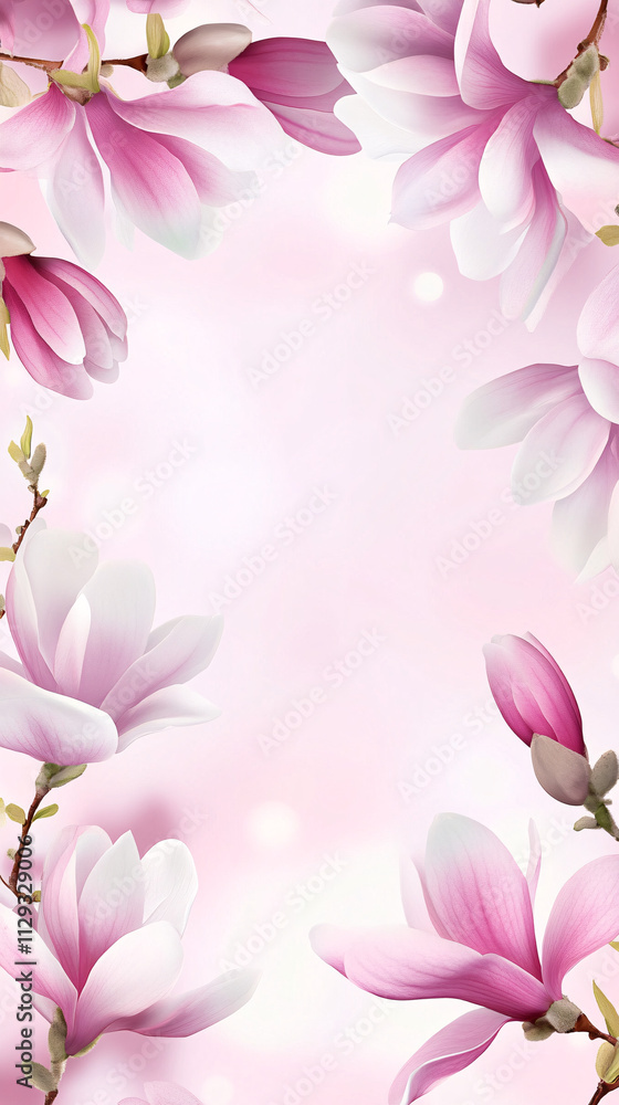 Fototapeta premium A clean copy space framed by beautiful pink and white magnolia flowers creating a serene and elegant background for design projects