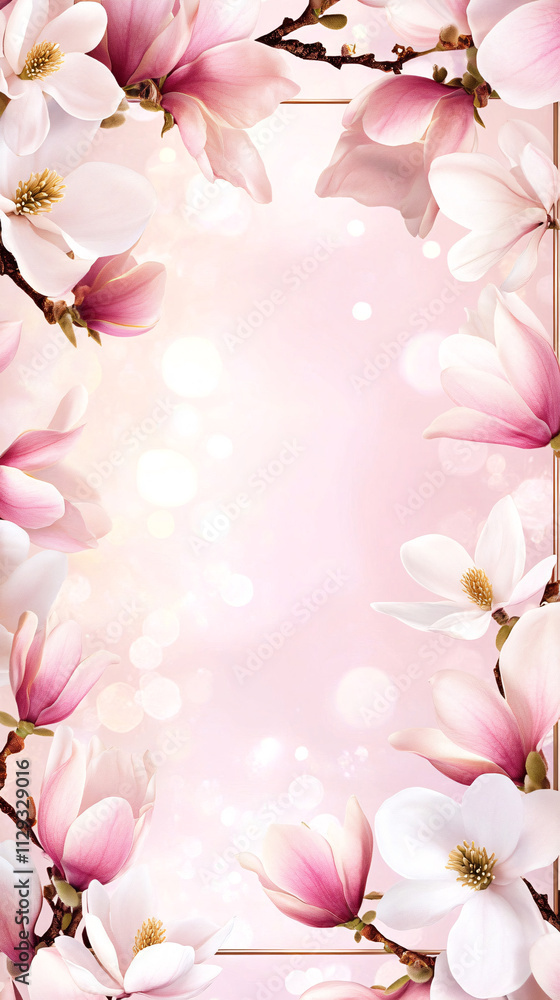 A beautiful floral frame featuring pink and white magnolia blooms with a soft blurred background, creating an elegant and serene atmosphere for various designs A beautiful floral frame featuring pink and white magnolia blooms with a soft blurred background, creating an elegant and serene atmosphere for various designs