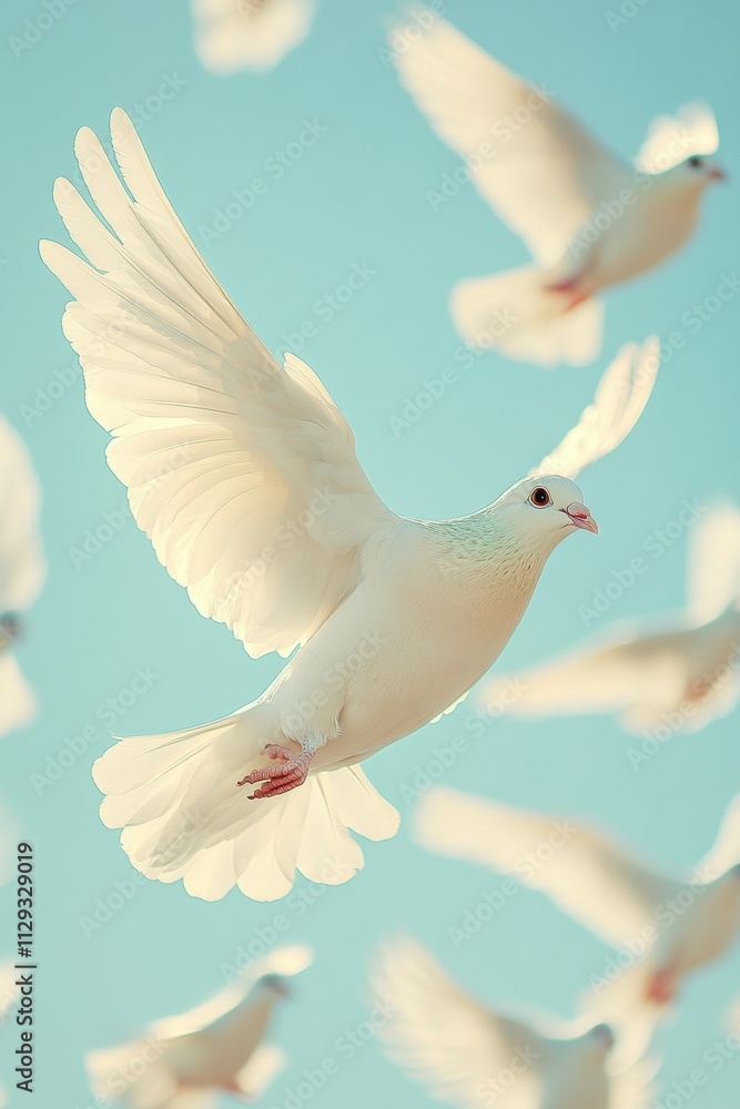 Obraz premium Graceful white doves in flight against a serene blue sky