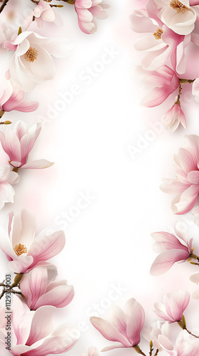 Soft pink and white magnolia flowers elegantly frame a clean, blank space creating a serene and inviting atmosphere for text or graphics