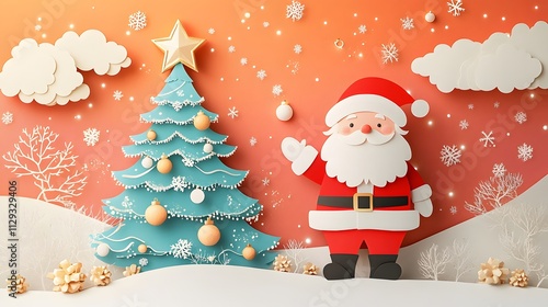 Wallpaper Mural Santa Claus, Ornaments, Balls and Christmas Tree, Reindeer, Sleigh, Formed With Paper Cut Art, , Abstract Image, Texture, Pattern Background, Wallpaper, Cover and Screen of Smartphone, PC, Laptop, 9:1 Torontodigital.ca