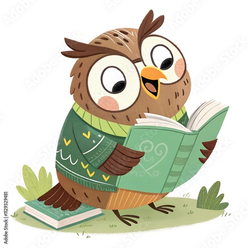 A cheerful and vibrant illustration of an owl in a relaxed and cartoonish style. The owl is dressed in shades of green and brown and is captioned in a book. The background is white.  photo