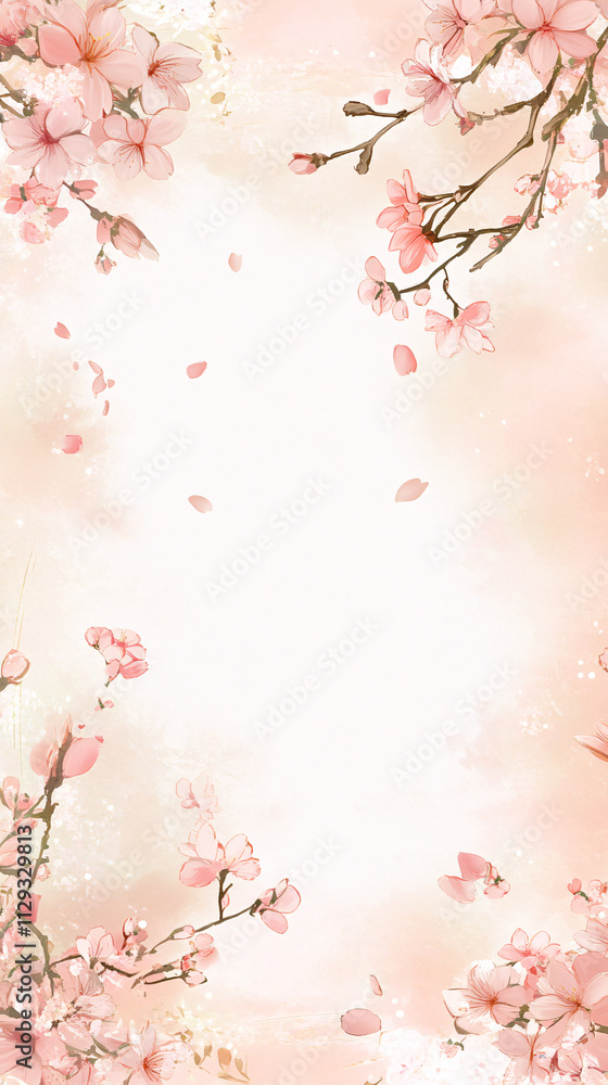 A soft pink background framed with blooming cherry blossoms exudes tranquility and beauty perfect for invitations or greeting cards A soft pink background framed with blooming cherry blossoms exudes tranquility and beauty perfect for invitations or greeting cards