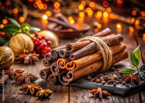 Cinnamon, nutmeg, cloves, and vanilla pods: aromatic spices in close-up on a rustic wooden surface.