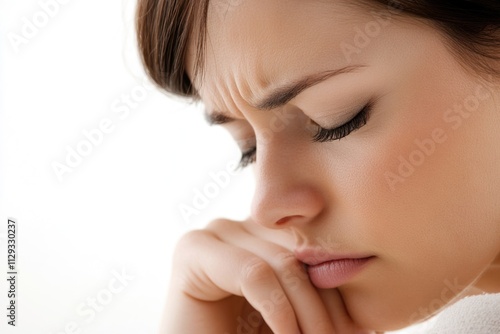 A woman with her hand over her face, likely expressing sadness or shame photo