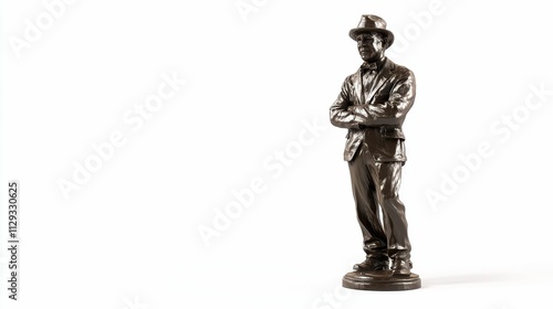 Bronze statue, man, hat, arms crossed, standing.