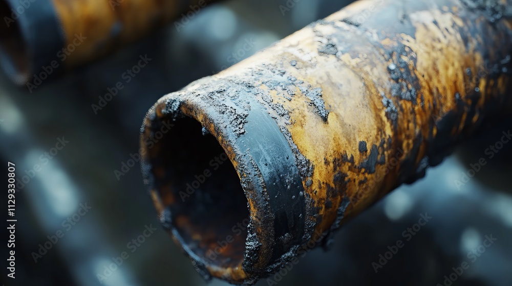 A close-up of an old, rusty water pipe with visible leaks in a neglected public space, Representing infrastructure decay and water management issues A close-up of an old, rusty water pipe with visible leaks in a neglected public space, Representing infrastructure decay and water management issues