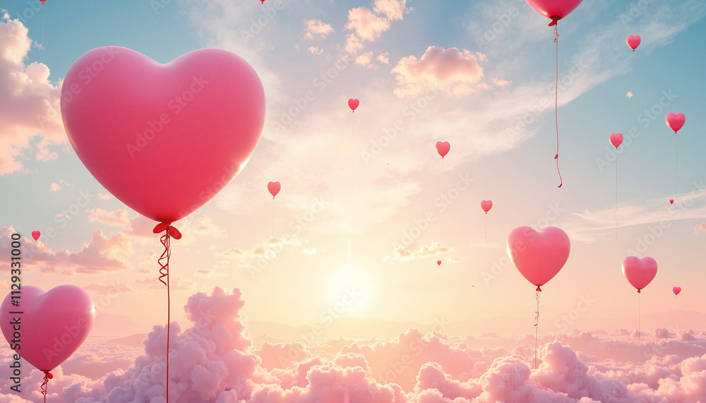 Romantic heart-shaped balloons floating among fluffy clouds during a beautiful sunset, dreamy atmosphere Romantic heart-shaped balloons floating among fluffy clouds during a beautiful sunset, dreamy atmosphere