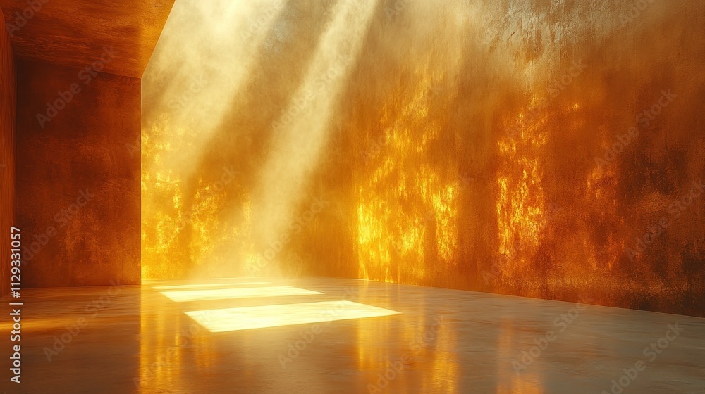 Sunlit abstract modern interior with golden walls and flowing light Sunlit abstract modern interior with golden walls and flowing light