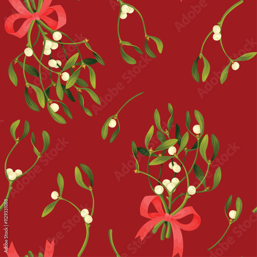 Seamless pattern with mistletoe on red background.