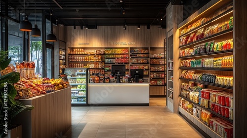 Modern grocery store interior: organized shelves and warm lighting ambiance