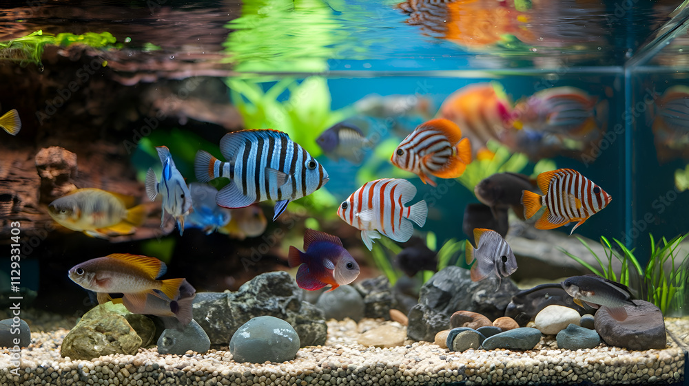 beautifull vibrant colorfull Cichlid fishes swimming in aquarium. Digital artwork. Ai generated