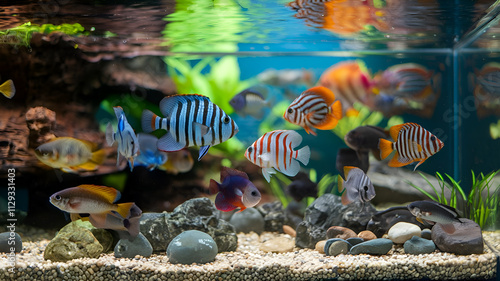 Obraz na płótnie beautifull vibrant colorfull Cichlid fishes swimming in aquarium. Digital artwork. Ai generated w salonie