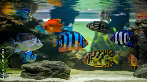 Obraz na płótnie beautifull vibrant colorfull Cichlid fishes swimming in aquarium. Digital artwork. Ai generated w salonie