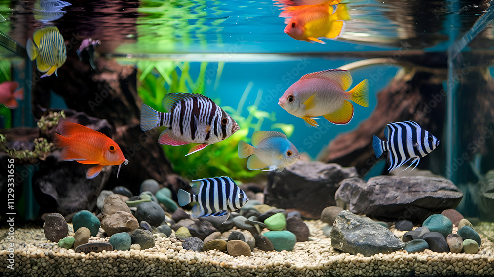 beautifull vibrant colorfull Cichlid fishes swimming in aquarium. Digital artwork. Ai generated