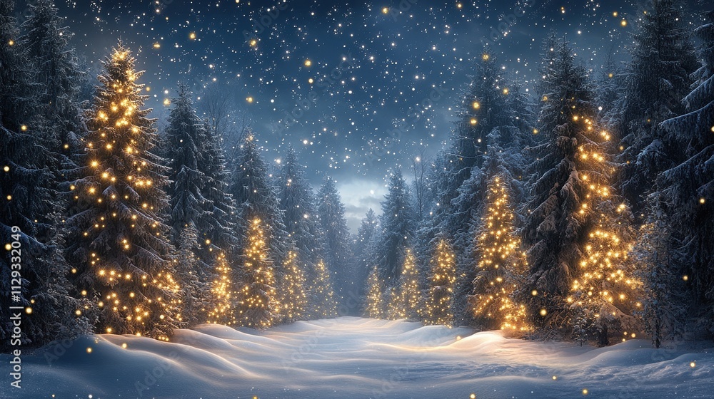 Magical winter wonderland: snowy forest illuminated by festive lights Magical winter wonderland: snowy forest illuminated by festive lights