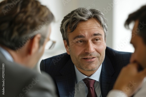 Two men in suits and ties having a conversation, possibly discussing business or work