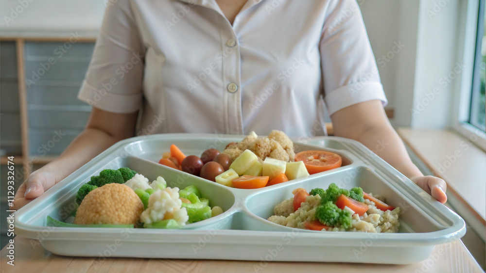 School cafeteria staff serving healthy balanced lunch trays with vegetables, protein, and fruit for students School cafeteria staff serving healthy balanced lunch trays with vegetables, protein, and fruit for students
