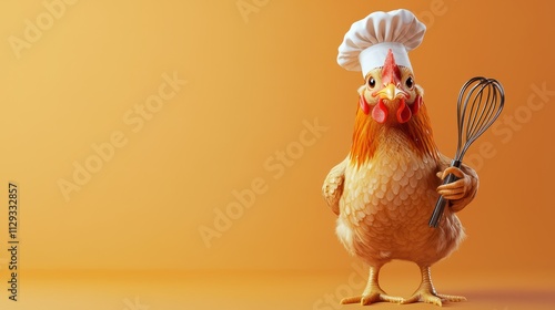 A whimsical chicken chef wearing a hat, holding a whisk, set against a warm orange background, blending culinary creativity and humor.