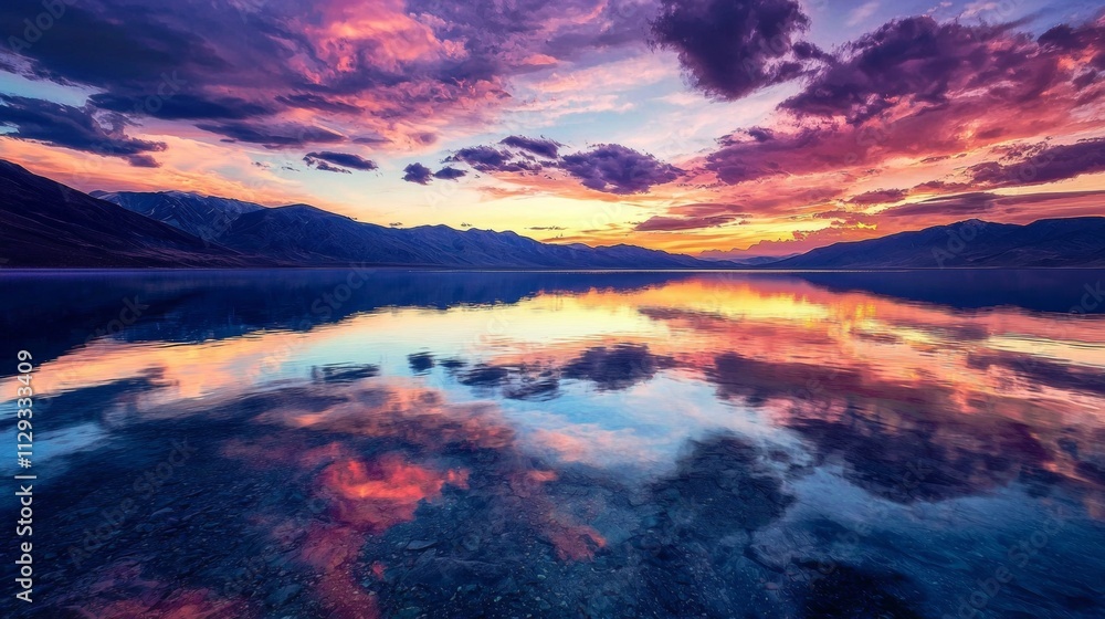 Fototapeta premium Colorful sunset reflecting on a calm lake surface, creating a mirror-like effect that captures the vibrant hues of the sky and surrounding mountains, offering a breathtaking view of nature's beauty