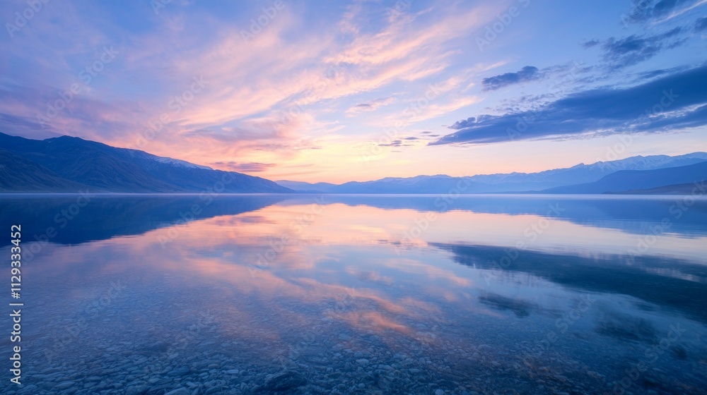 Fototapeta premium Calm lake reflecting the warm hues of sunrise, showcasing pink and purple clouds drifting above a distant mountain range under a clear sky, creating a serene natural landscape