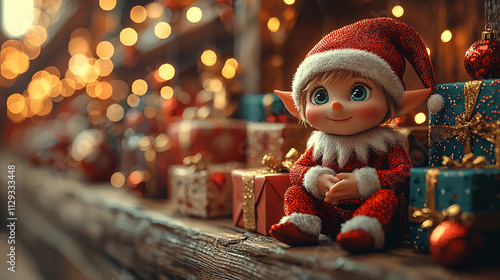 Elf Toy on Wooden Shelf with Gifts and Ornaments