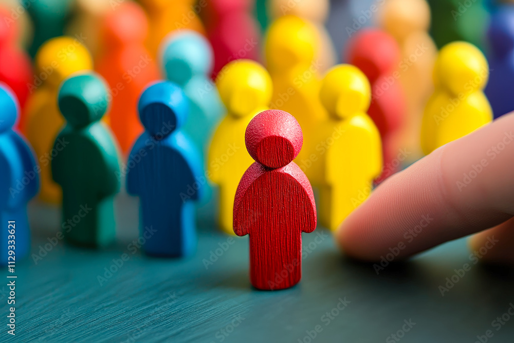 Colorful wooden figures arranged together showcase diversity, while a hand points to a specific figure, emphasizing individual focus Colorful wooden figures arranged together showcase diversity, while a hand points to a specific figure, emphasizing individual focus