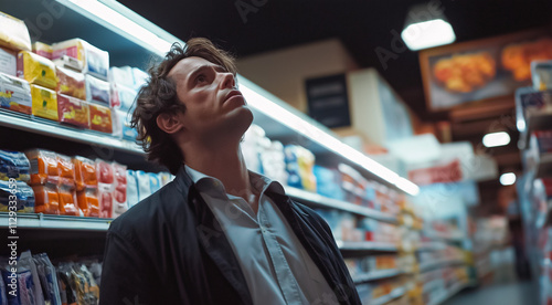 Wallpaper Mural Man in Supermarket Aisle Expressing Contemplation Under Bright Lights Torontodigital.ca