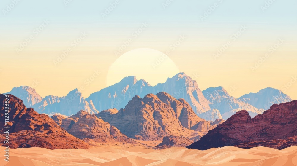 Naklejka premium Breathtaking desert landscape showcasing majestic, rocky mountains bathed in the warm glow of a setting sun, with rolling sand dunes stretching across the foreground