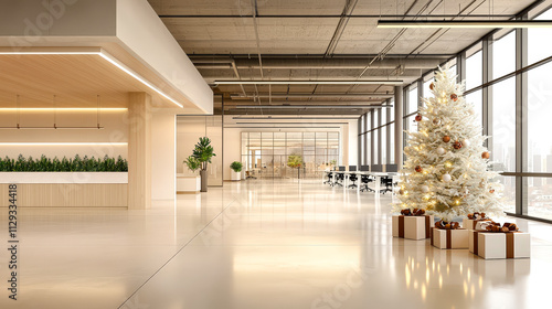 A contemporary office space features a white Christmas tree and presents, bringing a festive atmosphere to the modern workspace photo