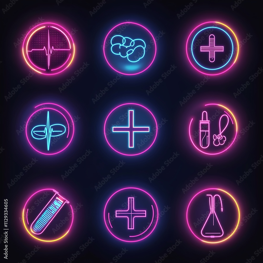 Set of neon medical icons representing healthcare, science, and medicine in a vibrant and futuristic style. Set of neon medical icons representing healthcare, science, and medicine in a vibrant and futuristic style.